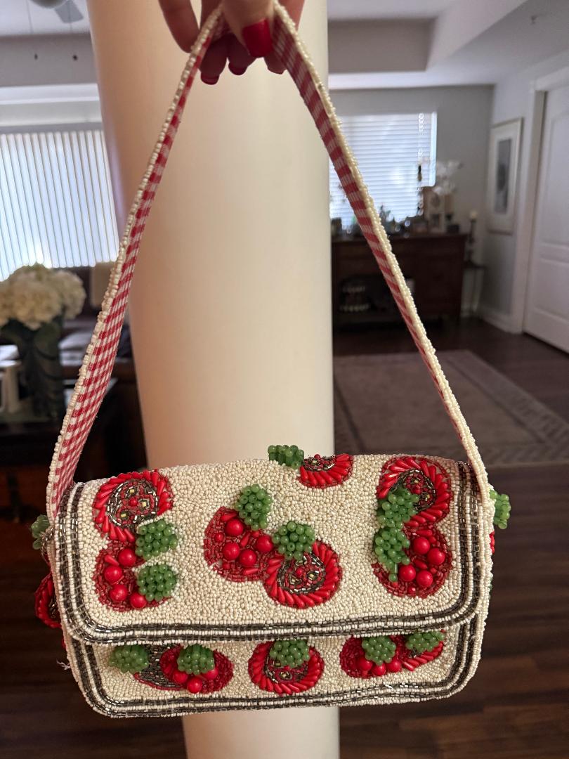 Trending Beaded Bags and Resort Collection - Tomato Red Plaid Beaded Shoulder Bag