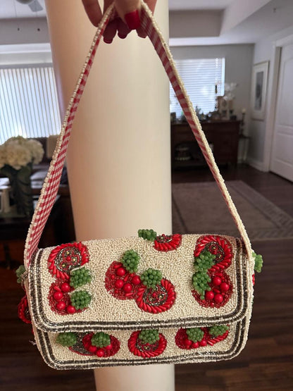 Trending Beaded Bags and Resort Collection - Tomato Red Plaid Beaded Shoulder Bag