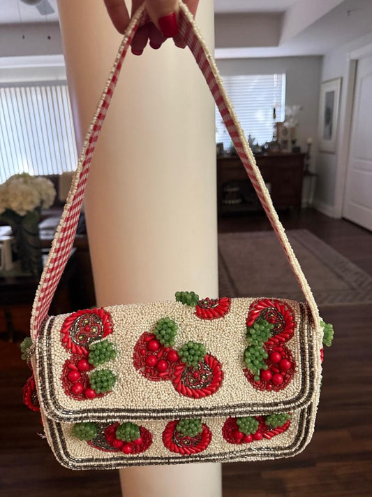Trending Beaded Bags and Resort Collection - Tomato Red Plaid Beaded Shoulder Bag