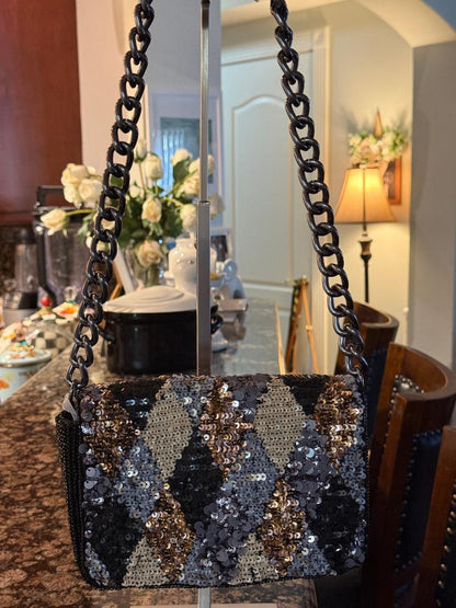 Trending Beaded Bags and Resort Collection - Black, Gold & Copper Beaded Sequin Shoulder Bag with Silver Chain