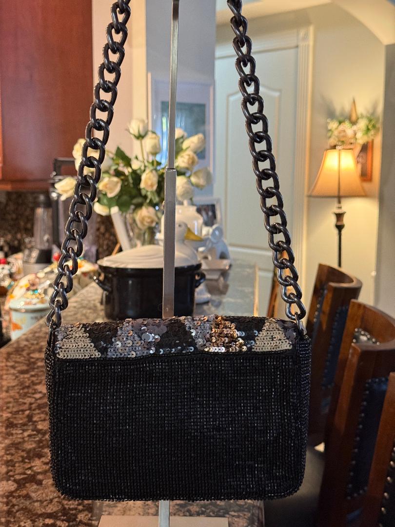 Trending Beaded Bags and Resort Collection - Black, Gold & Copper Beaded Sequin Shoulder Bag with Silver Chain