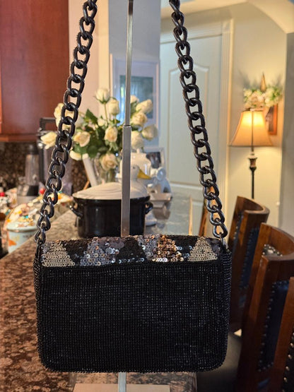 Trending Beaded Bags and Resort Collection - Black, Gold & Copper Beaded Sequin Shoulder Bag with Silver Chain
