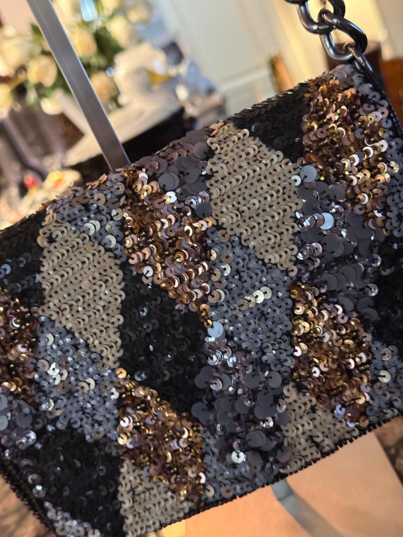 Trending Beaded Bags and Resort Collection - Black, Gold & Copper Beaded Sequin Shoulder Bag with Silver Chain