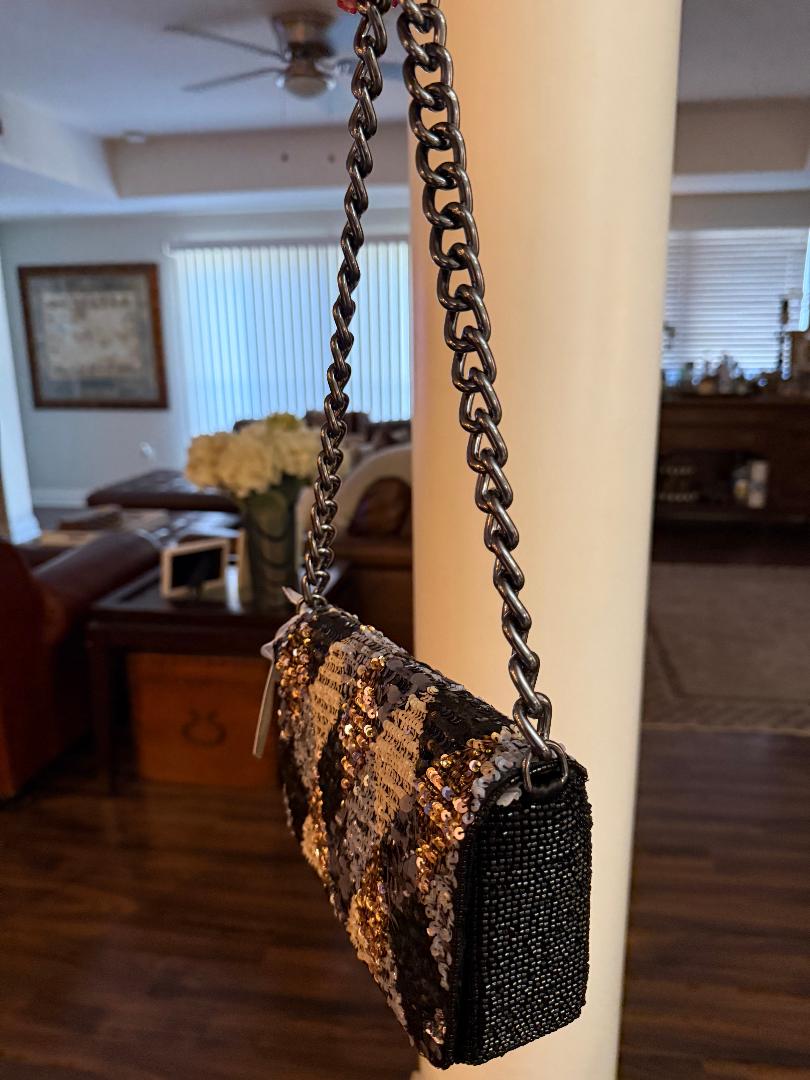 Trending Beaded Bags and Resort Collection - Black, Gold & Copper Beaded Sequin Shoulder Bag with Silver Chain
