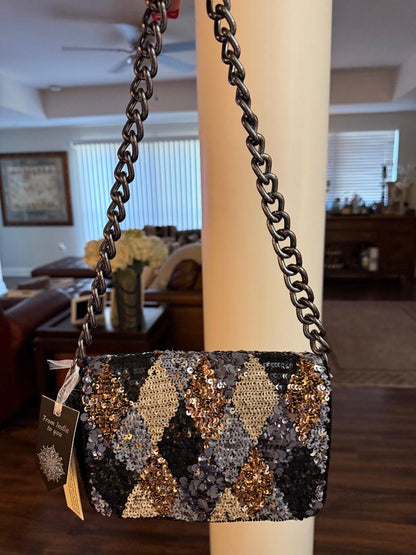 Trending Beaded Bags and Resort Collection - Black, Gold & Copper Beaded Sequin Shoulder Bag with Silver Chain