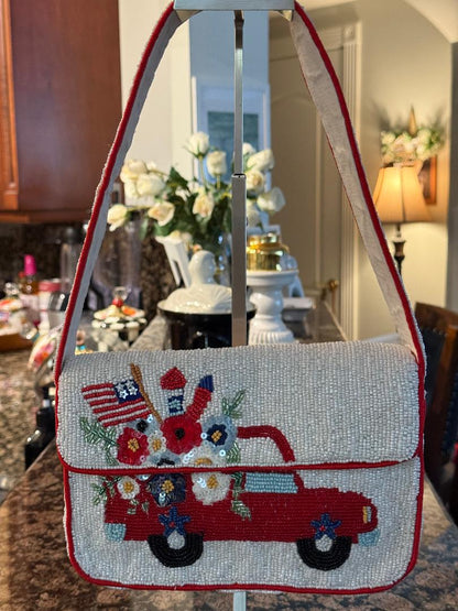 Trending Beaded Bags and Resort Collection - Sol Mer Red Truck Beaded Shoulder Bag