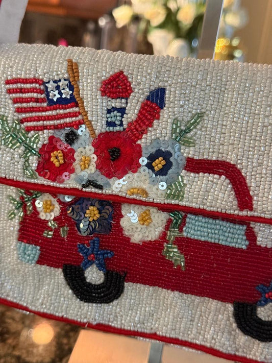 Trending Beaded Bags and Resort Collection - Sol Mer Red Truck Beaded Shoulder Bag