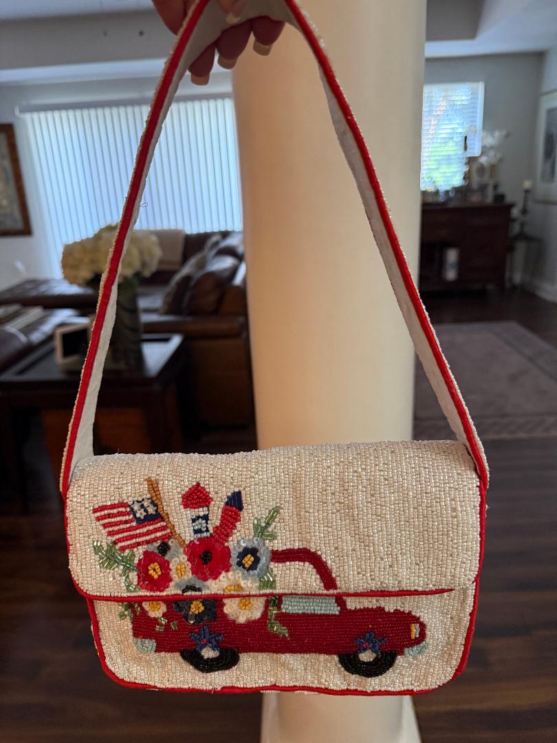 Trending Beaded Bags and Resort Collection - Sol Mer Red Truck Beaded Shoulder Bag