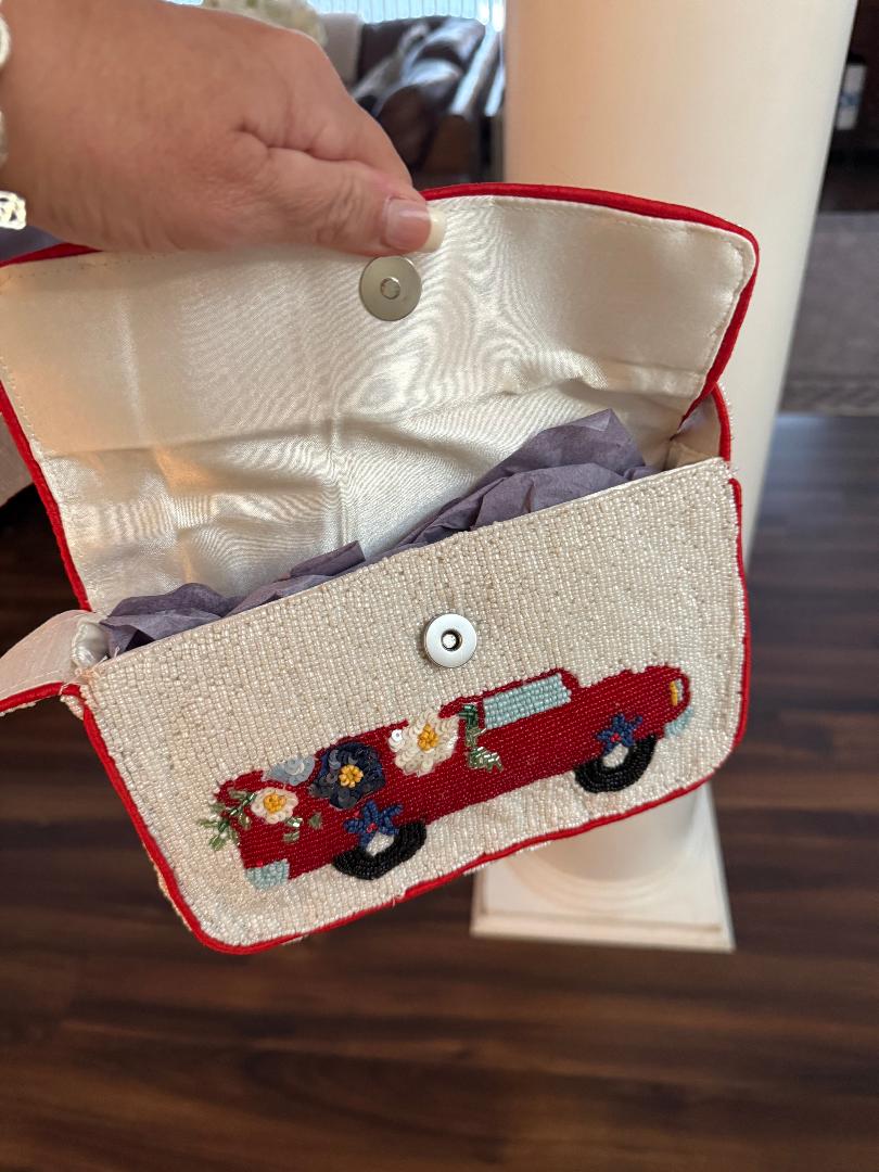 Trending Beaded Bags and Resort Collection - Sol Mer Red Truck Beaded Shoulder Bag