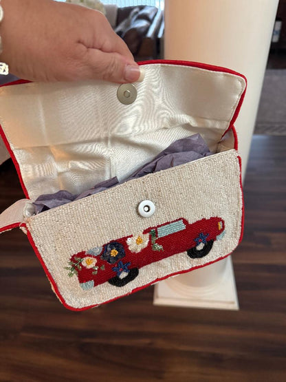 Trending Beaded Bags and Resort Collection - Sol Mer Red Truck Beaded Shoulder Bag