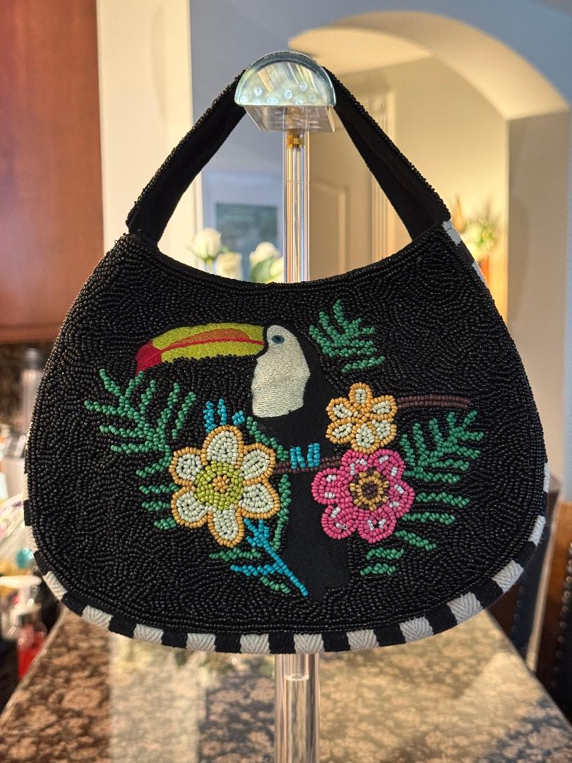 Trending Beaded Bags and Resort Collection - Toucan Black & White Strip Tote Bag