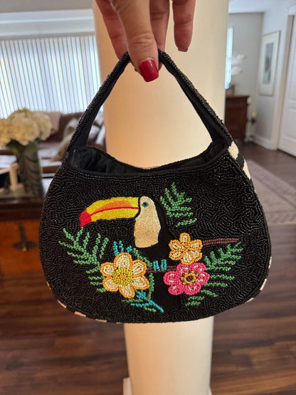 Trending Beaded Bags and Resort Collection - Toucan Black & White Strip Tote Bag