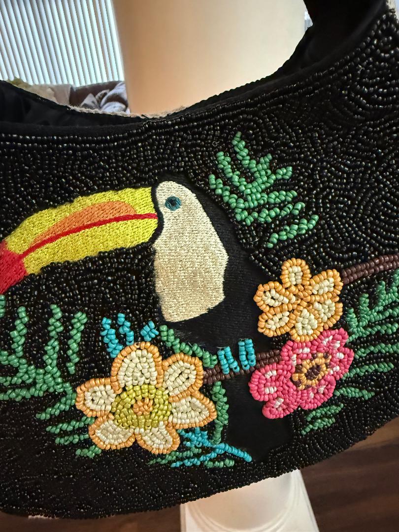 Trending Beaded Bags and Resort Collection - Toucan Black & White Strip Tote Bag