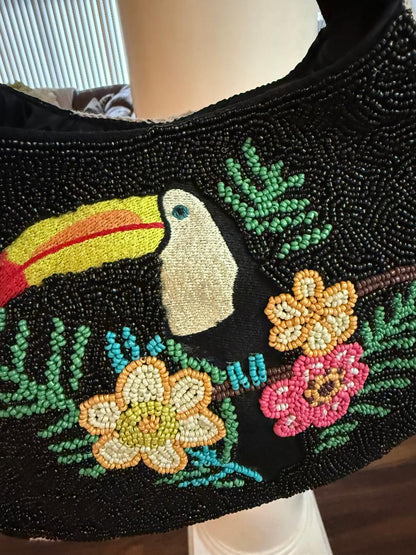 Trending Beaded Bags and Resort Collection - Toucan Black & White Strip Tote Bag
