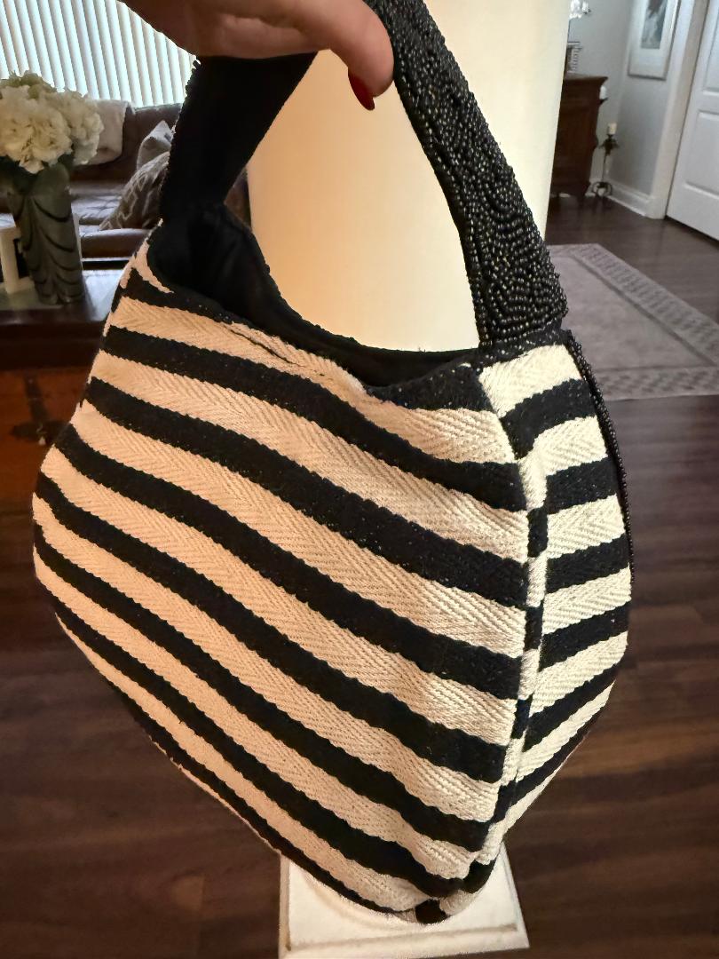 Trending Beaded Bags and Resort Collection - Toucan Black & White Strip Tote Bag