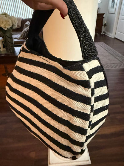 Trending Beaded Bags and Resort Collection - Toucan Black & White Strip Tote Bag