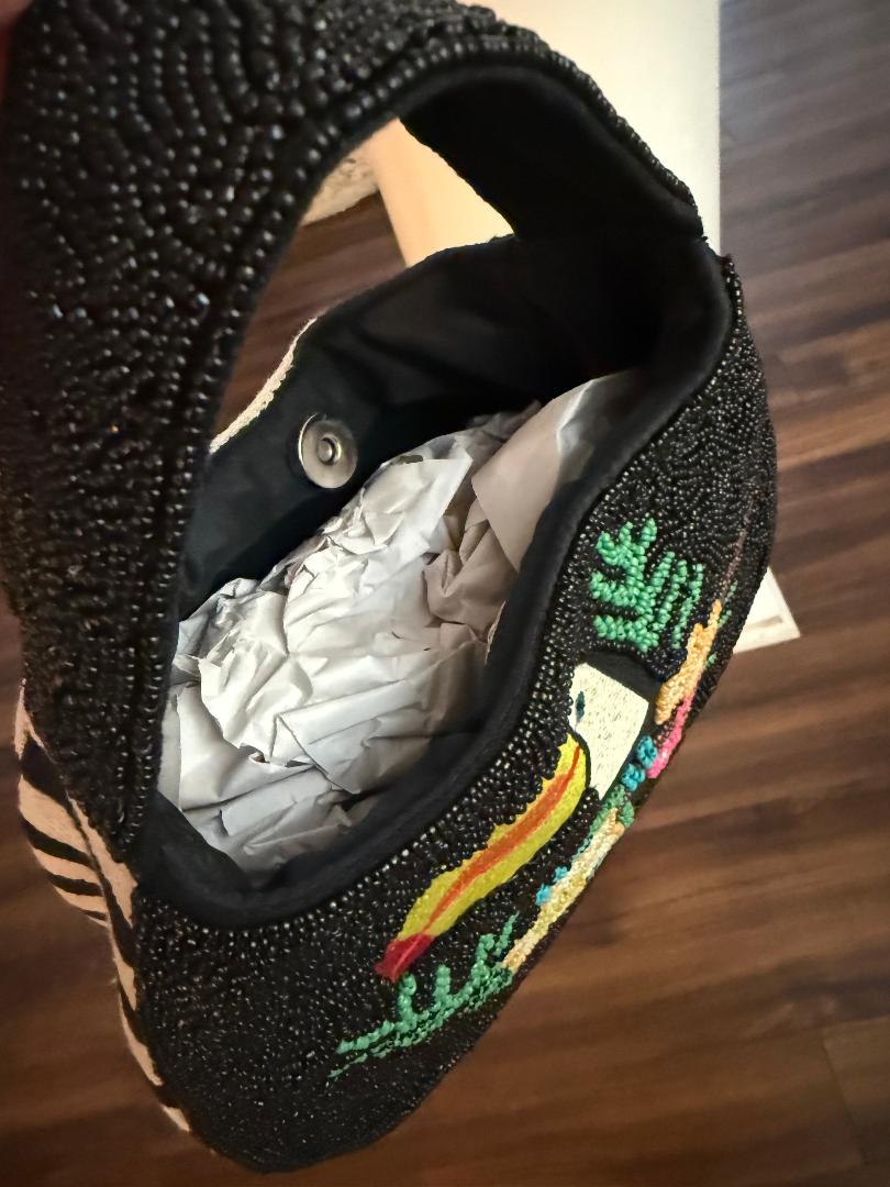 Trending Beaded Bags and Resort Collection - Toucan Black & White Strip Tote Bag