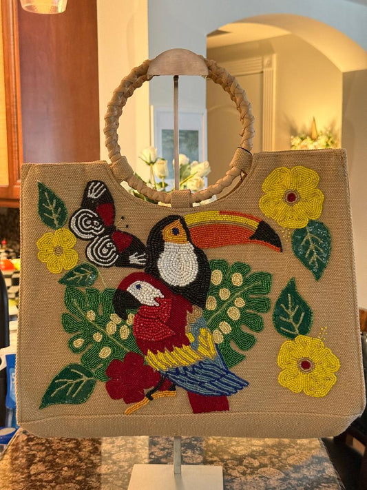Trending Beaded Bags and Resort Collection - America & Beyond Toucan Tropical Beaded Bag with Bamboo Handles