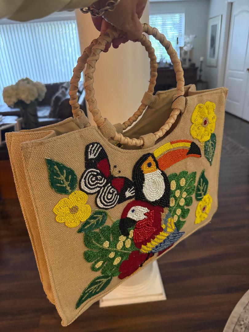 Trending Beaded Bags and Resort Collection - America & Beyond Toucan Tropical Beaded Bag with Bamboo Handles