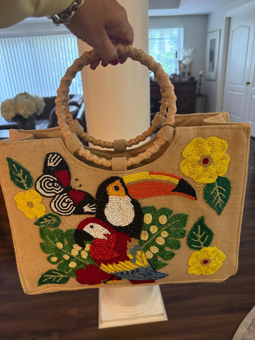 Trending Beaded Bags and Resort Collection - America & Beyond Toucan Tropical Beaded Bag with Bamboo Handles