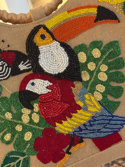 Trending Beaded Bags and Resort Collection - America & Beyond Toucan Tropical Beaded Bag with Bamboo Handles