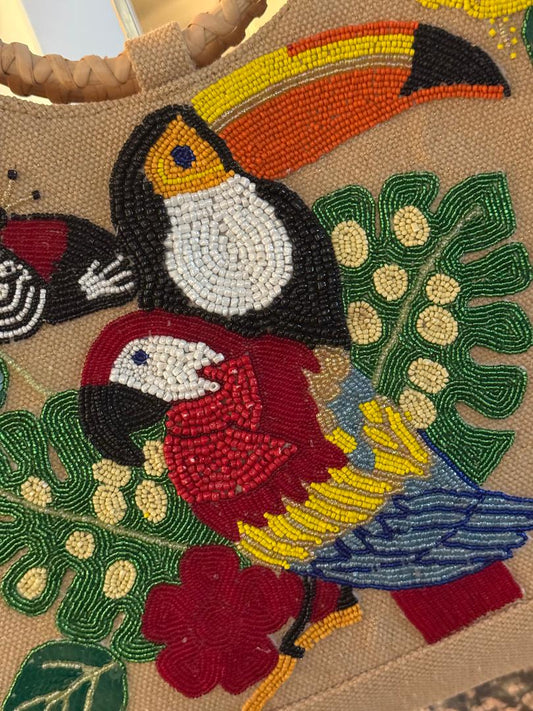 Trending Beaded Bags and Resort Collection - America & Beyond Toucan Tropical Beaded Bag with Bamboo Handles