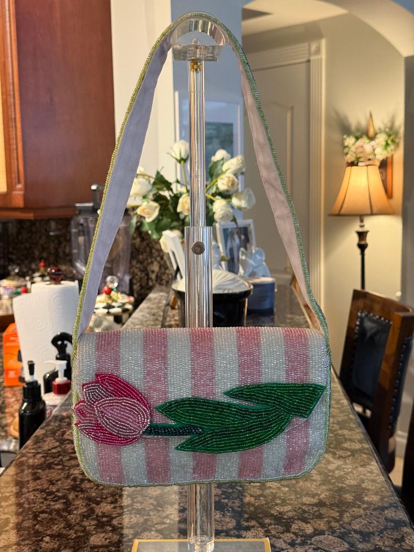 Trending Beaded Bags and Resort Collection - Pink Tulip Striped Floral Shoulder Bag