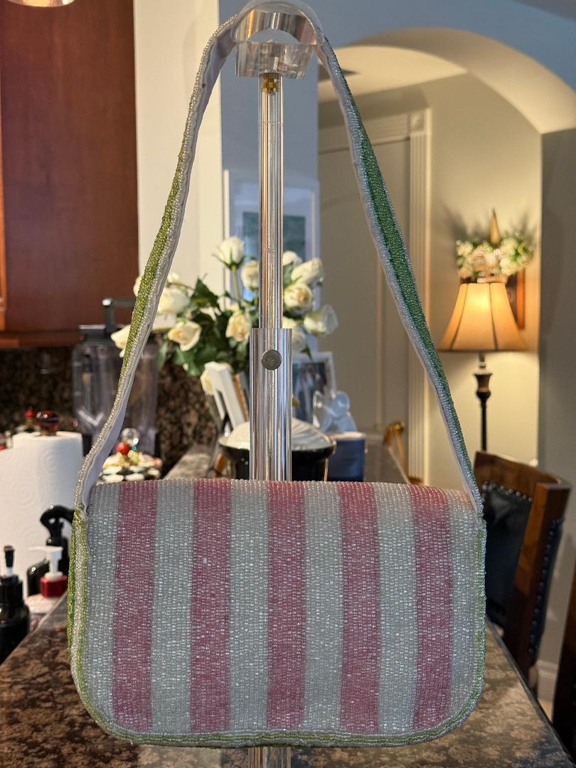 Trending Beaded Bags and Resort Collection - Pink Tulip Striped Floral Shoulder Bag