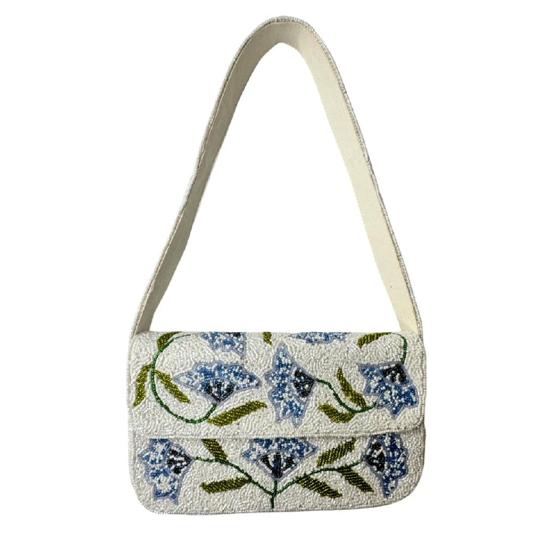 Trending Beaded Bags and Resort Collection - Blue Hydrangea Beaded Shoulder Bag