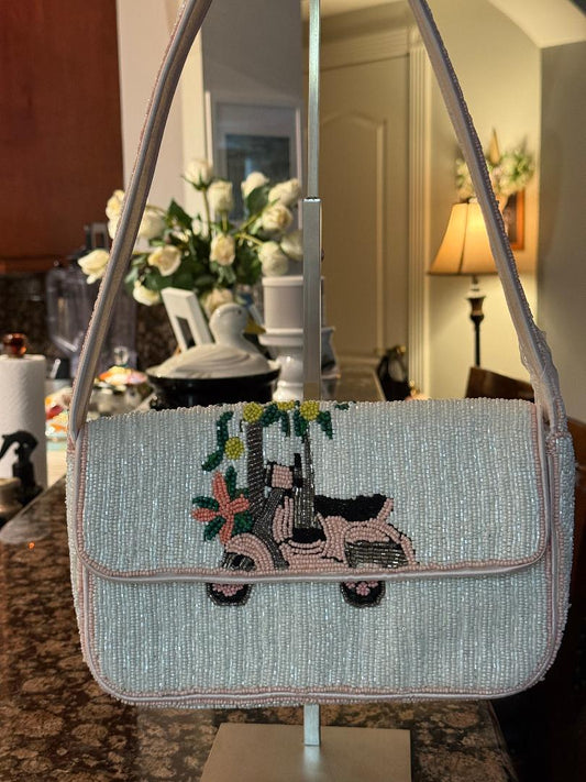 Trending Beaded Bags and Resort Collection - Pink and White Vespa Beaded Shoulder Bag