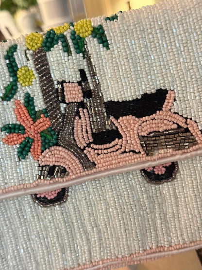 Trending Beaded Bags and Resort Collection - Pink and White Vespa Beaded Shoulder Bag