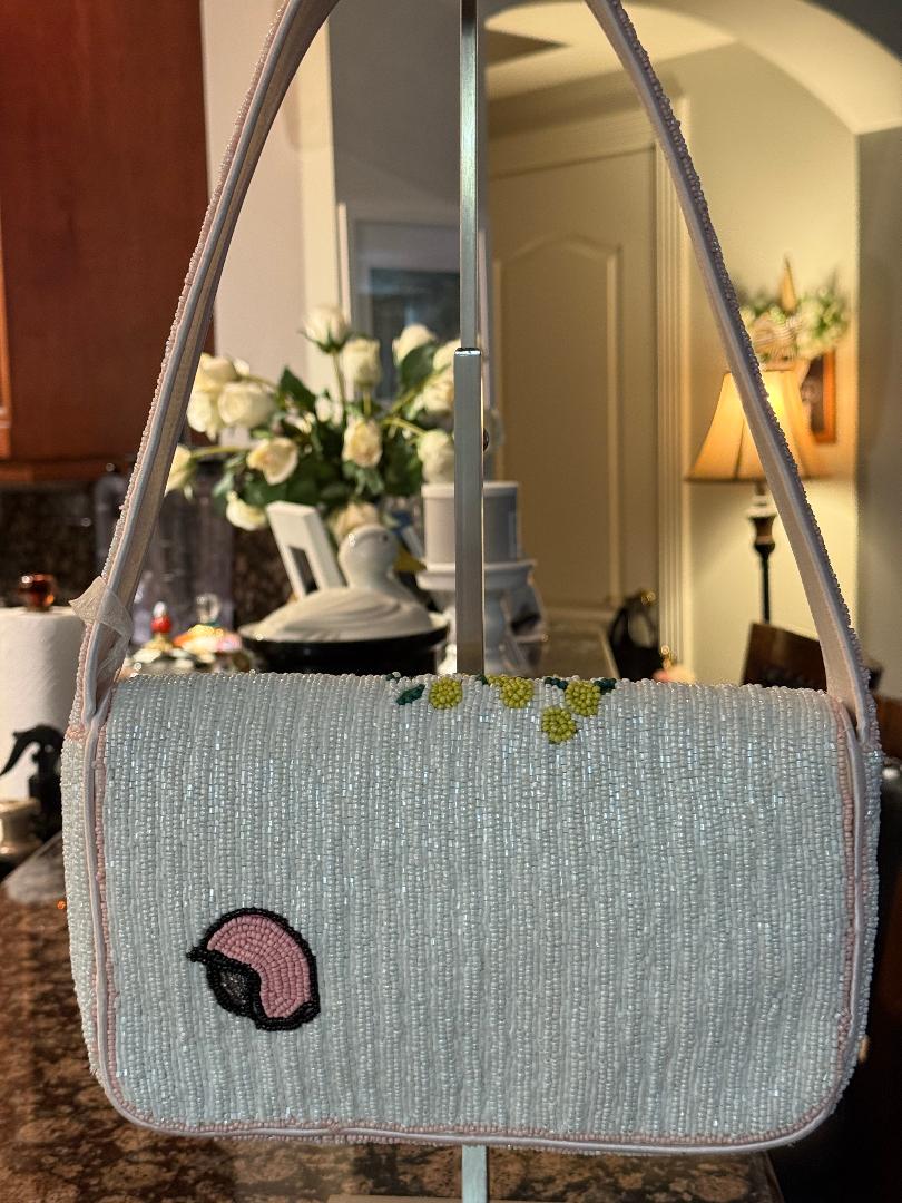 Trending Beaded Bags and Resort Collection - Pink and White Vespa Beaded Shoulder Bag