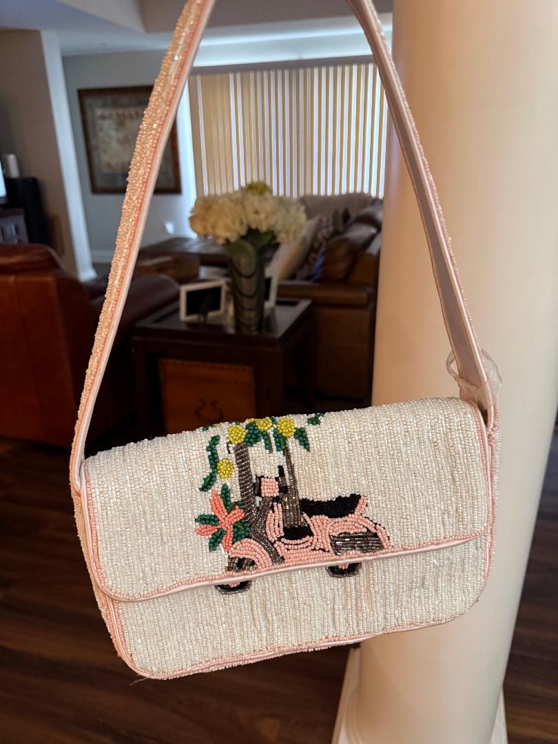 Trending Beaded Bags and Resort Collection - Pink and White Vespa Beaded Shoulder Bag