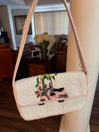 Trending Beaded Bags and Resort Collection - Pink and White Vespa Beaded Shoulder Bag