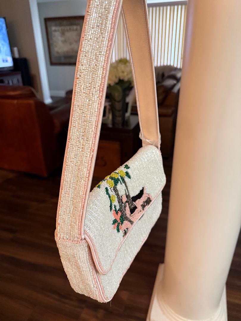 Trending Beaded Bags and Resort Collection - Pink and White Vespa Beaded Shoulder Bag