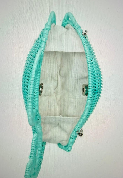 Trending Beaded Bags and Resort Collection - Aqua Wicker Whale Crossbody with Silver Chain
