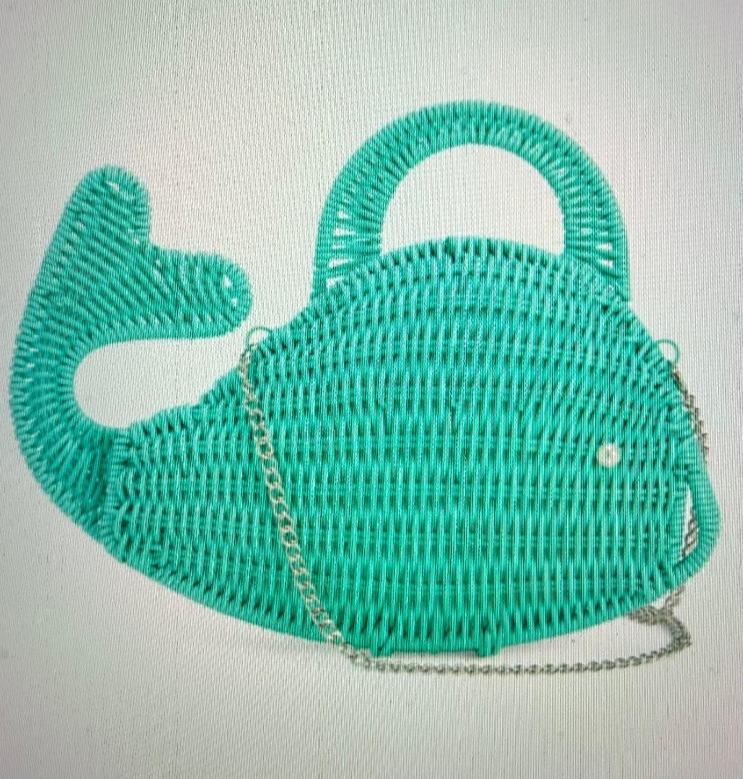 Trending Beaded Bags and Resort Collection - Aqua Wicker Whale Crossbody with Silver Chain