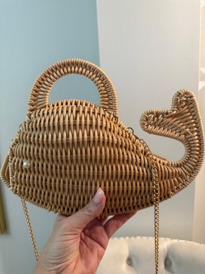 Trending Beaded Bags and Resort Collection - Tommy Bahama Wicker Whale Crossbody with Gold Chain