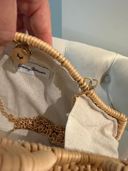 Trending Beaded Bags and Resort Collection - Tommy Bahama Wicker Whale Crossbody with Gold Chain