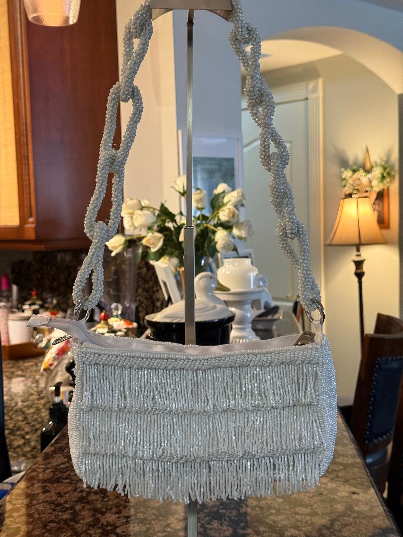 Trending Beaded Bags and Resort Collection - White Chain Link Beaded Shoulder Bag