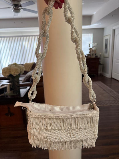 Trending Beaded Bags and Resort Collection - White Chain Link Beaded Shoulder Bag
