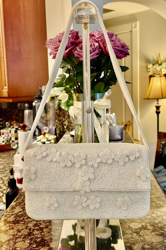 Trending Beaded Bags and Resort Collection - White Floral Shoulder Bag