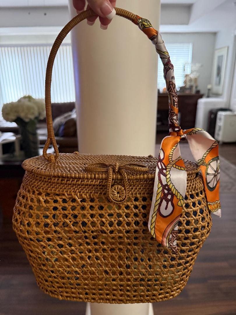 Trending Beaded Bags and Resort Collection - Brown Wicker Basket Tote with Twilly Scarf