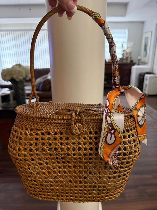 Trending Beaded Bags and Resort Collection - Brown Wicker Basket Tote with Twilly Scarf