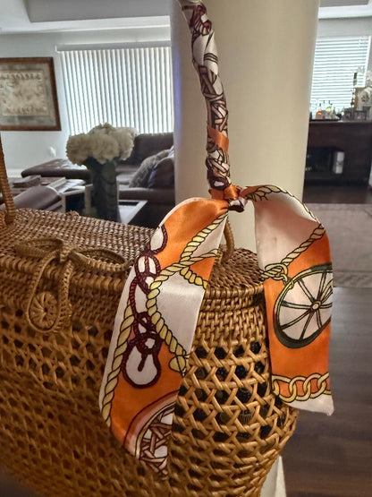 Trending Beaded Bags and Resort Collection - Brown Wicker Basket Tote with Twilly Scarf