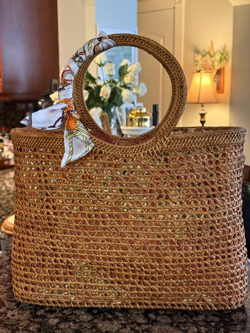Trending Beaded Bags and Resort Collection - Brown Wicker Bucket Tote with Twilly