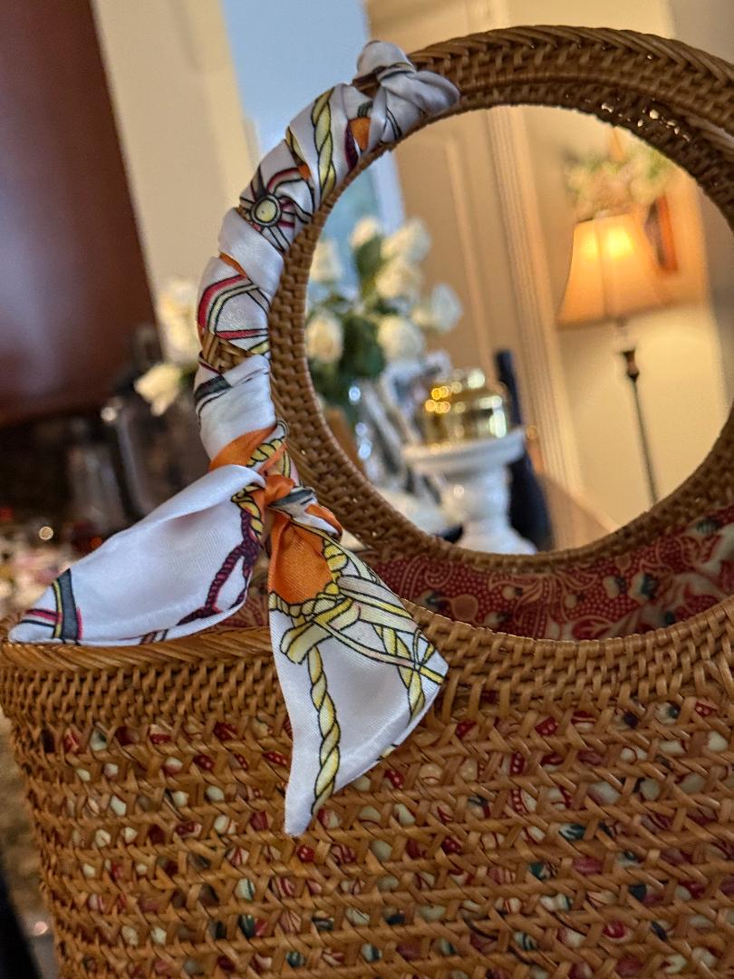 Trending Beaded Bags and Resort Collection - Brown Wicker Bucket Tote with Twilly