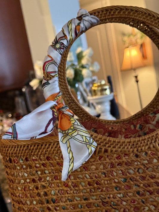 Trending Beaded Bags and Resort Collection - Brown Wicker Bucket Tote with Twilly