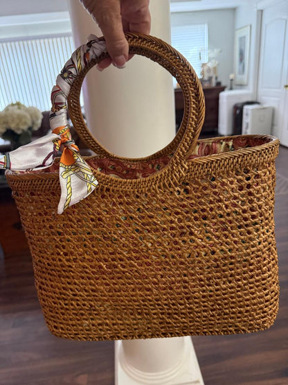 Trending Beaded Bags and Resort Collection - Brown Wicker Bucket Tote with Twilly