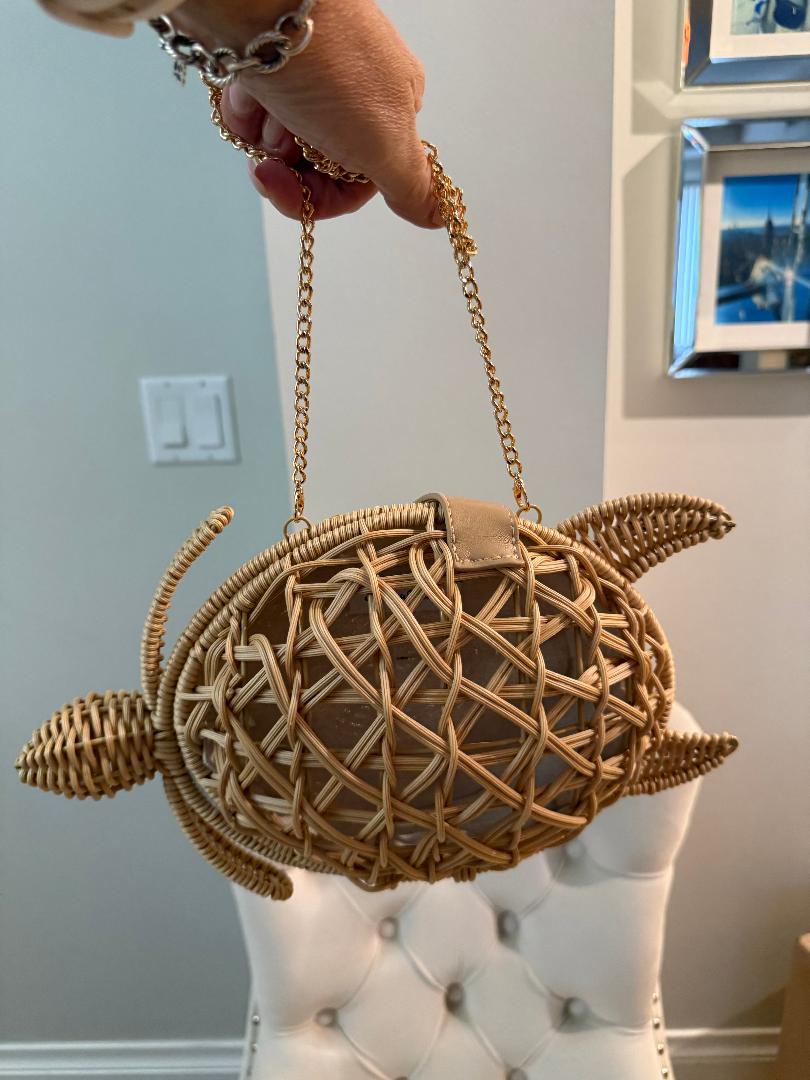 Trending Beaded Bags and Resort Collection - Tommy Bahama Wicker Turtle Crossbody with Gold Chain